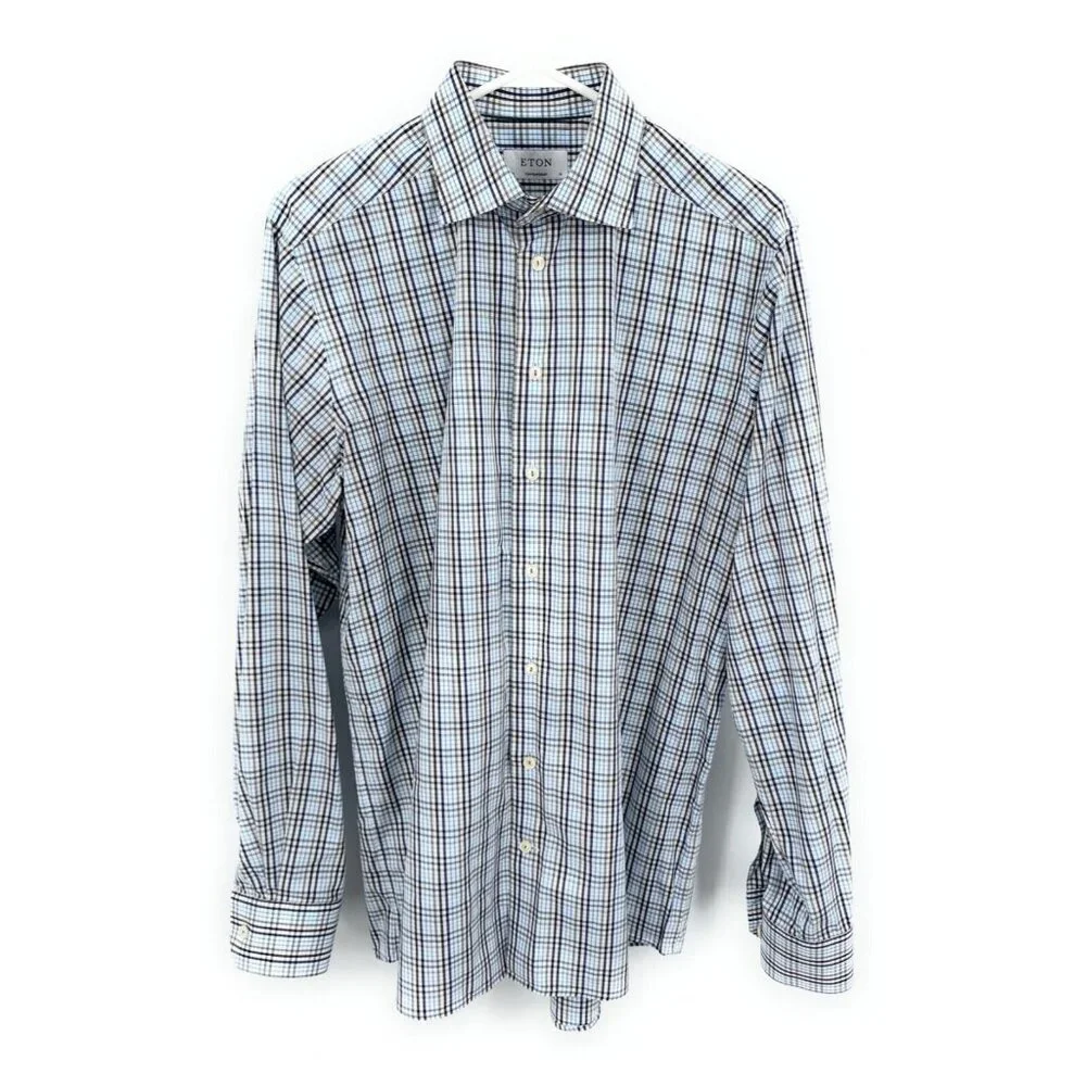 Eton Shirt Mens Blue Brown Check Contemporary Button Up Long Sleeve 41 16 - Picture 1 of 5